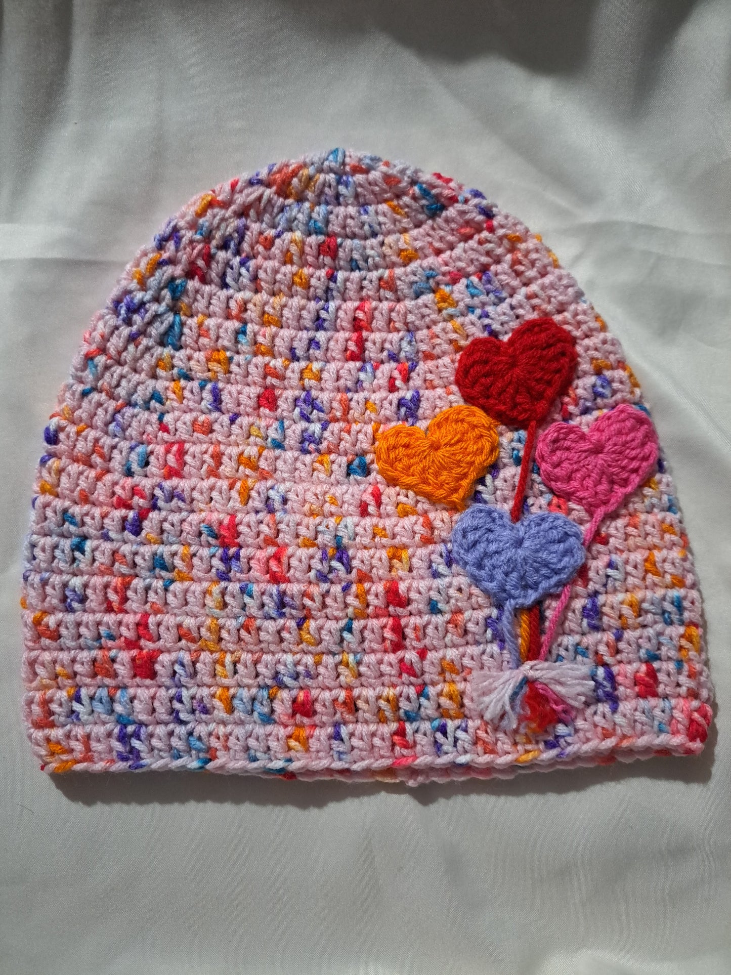 Adult Crochet Beanie with Heart Balloons