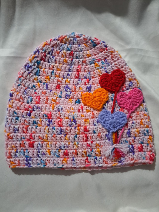 Adult Crochet Beanie with Heart Balloons